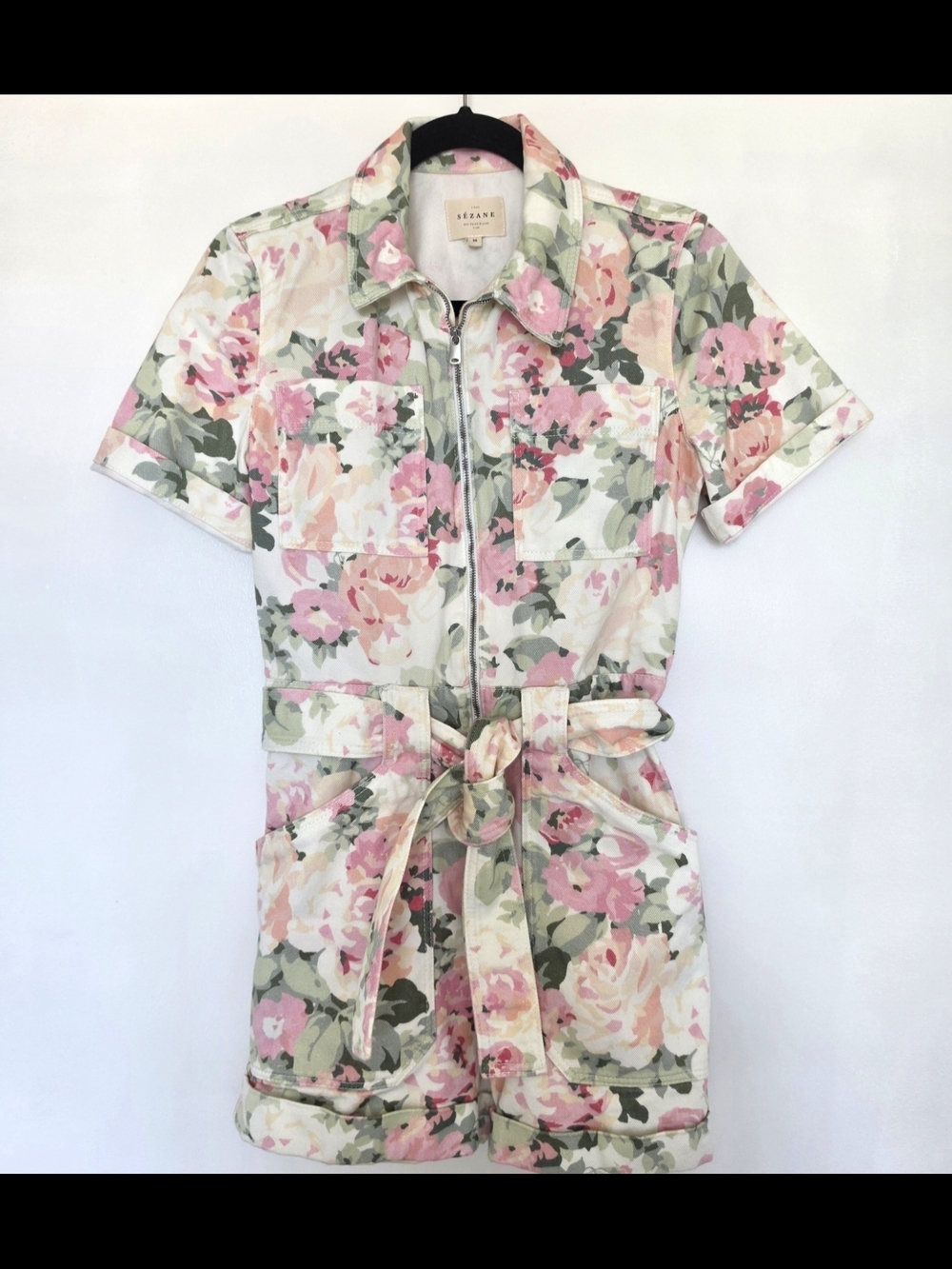 Sezane Floral Short Sleeve Utility Romper in Pink and Green